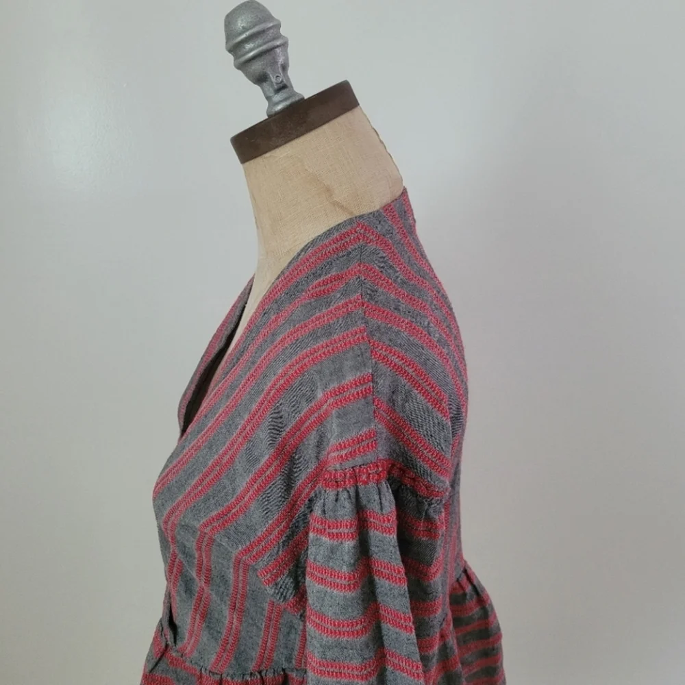 Madewell Balloon Puff Sleeve Peplum Blouse Gray Red Stripe XS